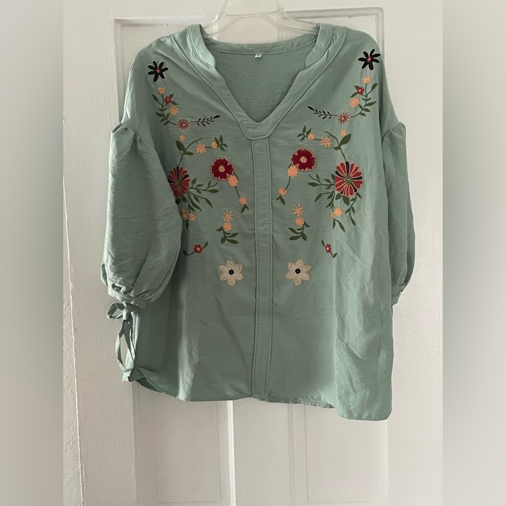Embroidered Floral Sage Blouse
